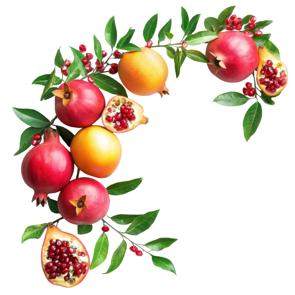 Colorful fruits including mangos, apples, and pomegranates arranged beautifully with green leaves, Branch of delicious mangos, apples, pomegranates on whtie background cutouts png