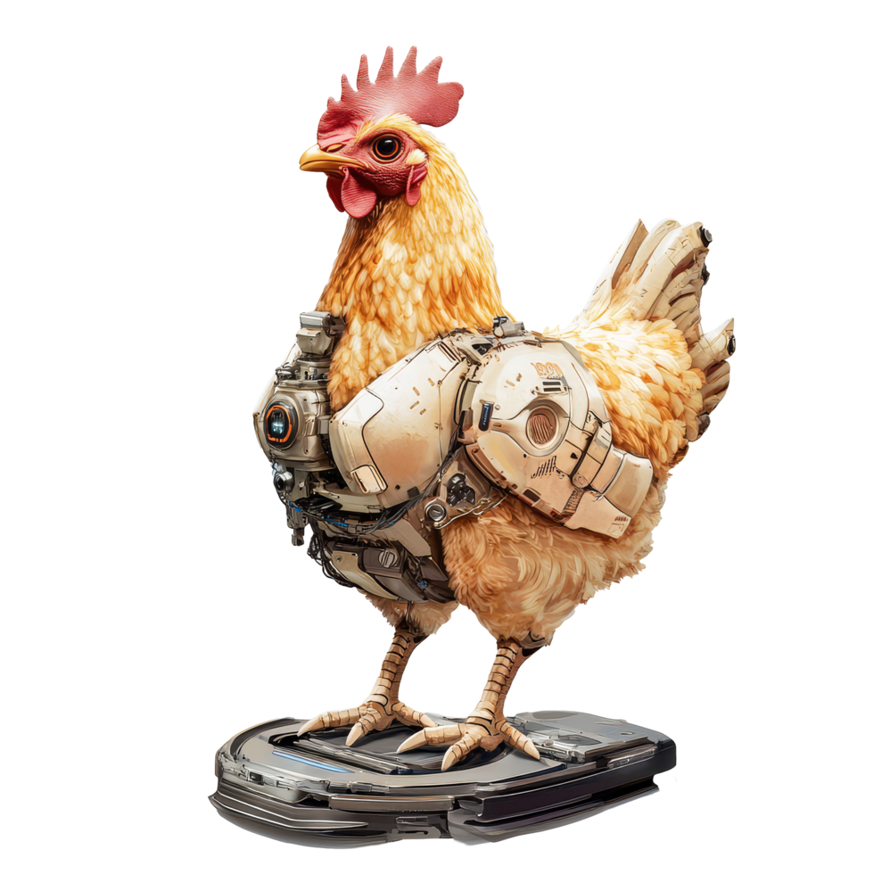 Hightech robotic chicken with futuristic design on transparent background showcasing innovation and creativity, Robotic Chicken on Transparent Background, HighTech Farming Concept png