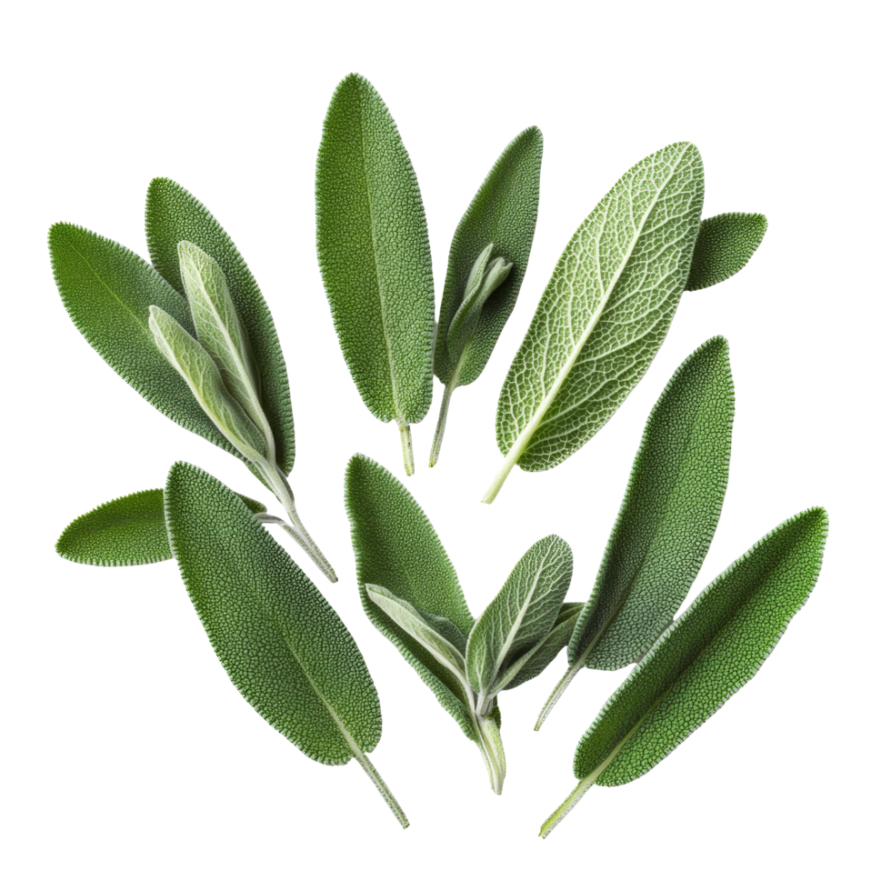 Fresh sage herb leaves arranged beautifully on a pristine transparent background with natural textures and colors, sage herb leaves isolated transparent background png