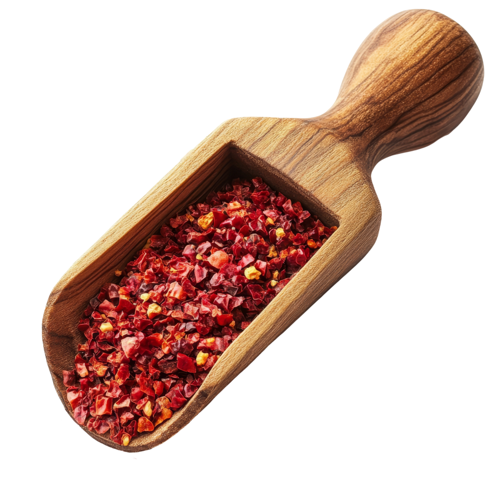 Crushed red chili pepper in a wooden scoop displayed on a transparent background for culinary decoration or spice use, Crushed red chili pepper in wood scoop isolated on transparent background png
