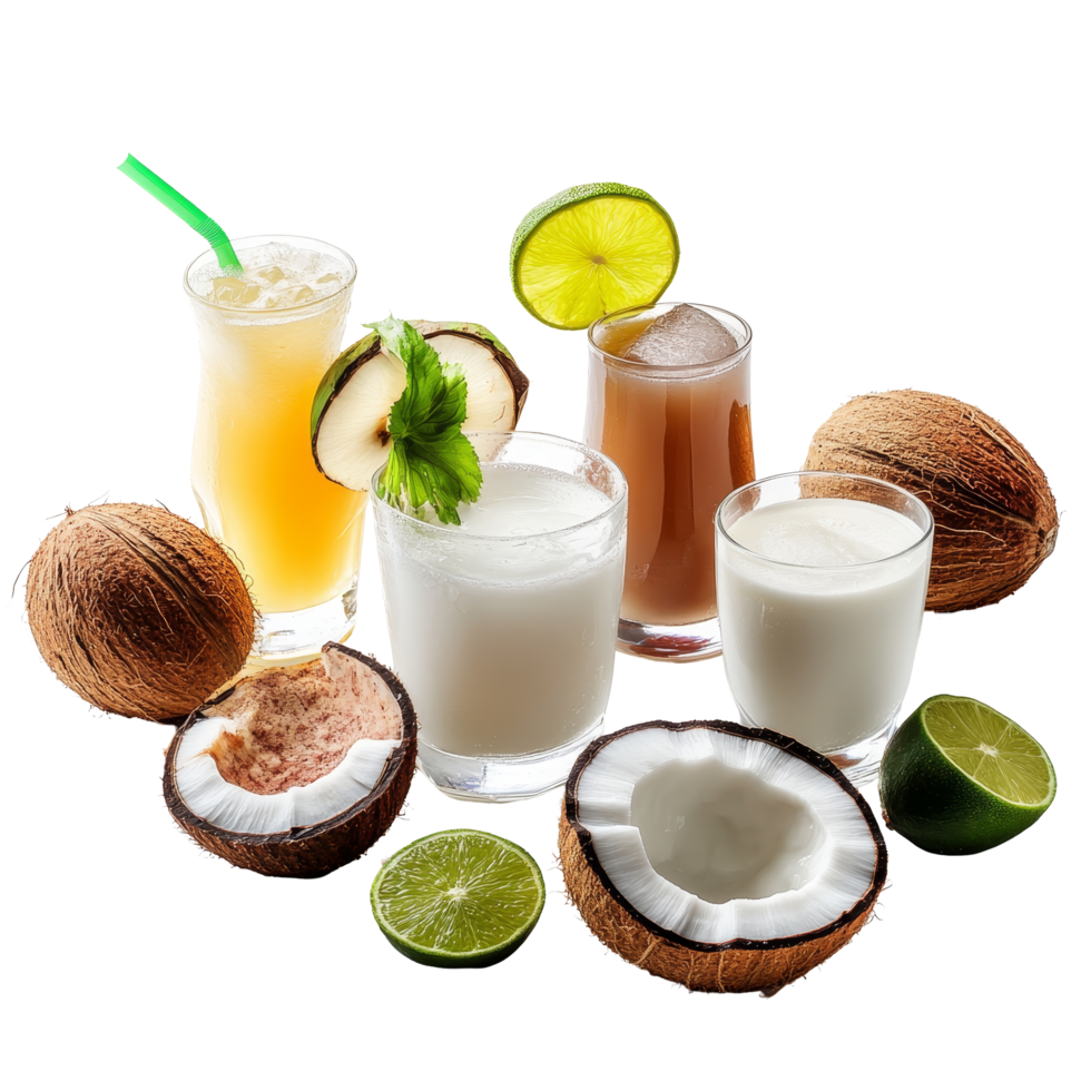 Assorted coconut drinks with fresh ingredients on a transparent background in a vibrant display, Assorted Coconut Drinks on transparent background png
