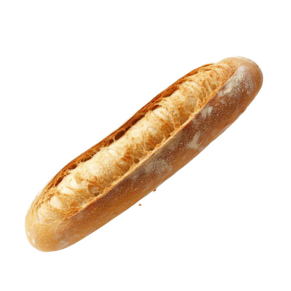 A fresh baguette floating above a transparent background with crumbs drifting down in the air, Fresh Baguette with Crumbs Drifting Down transparent background png