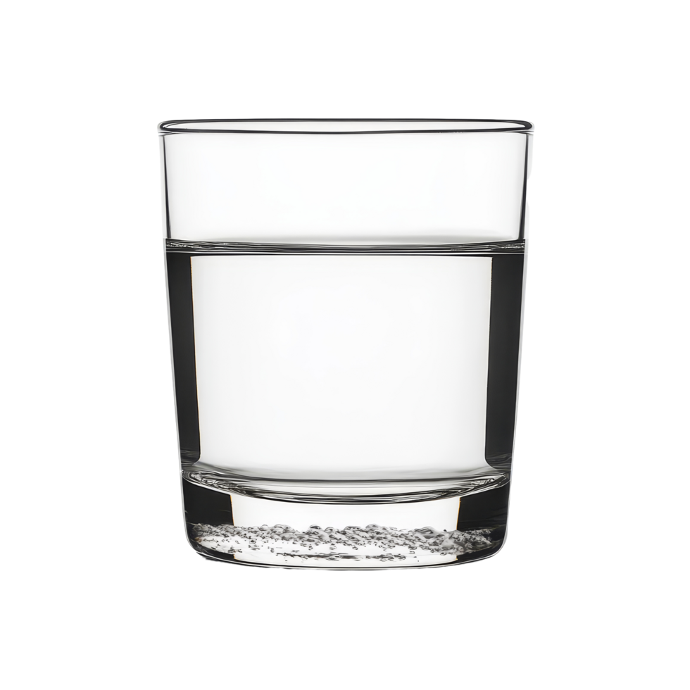 A half full glass of clear water isolated on a transparent background for a simple and refreshing visual appeal, half full glass of water isolated on transparent background png