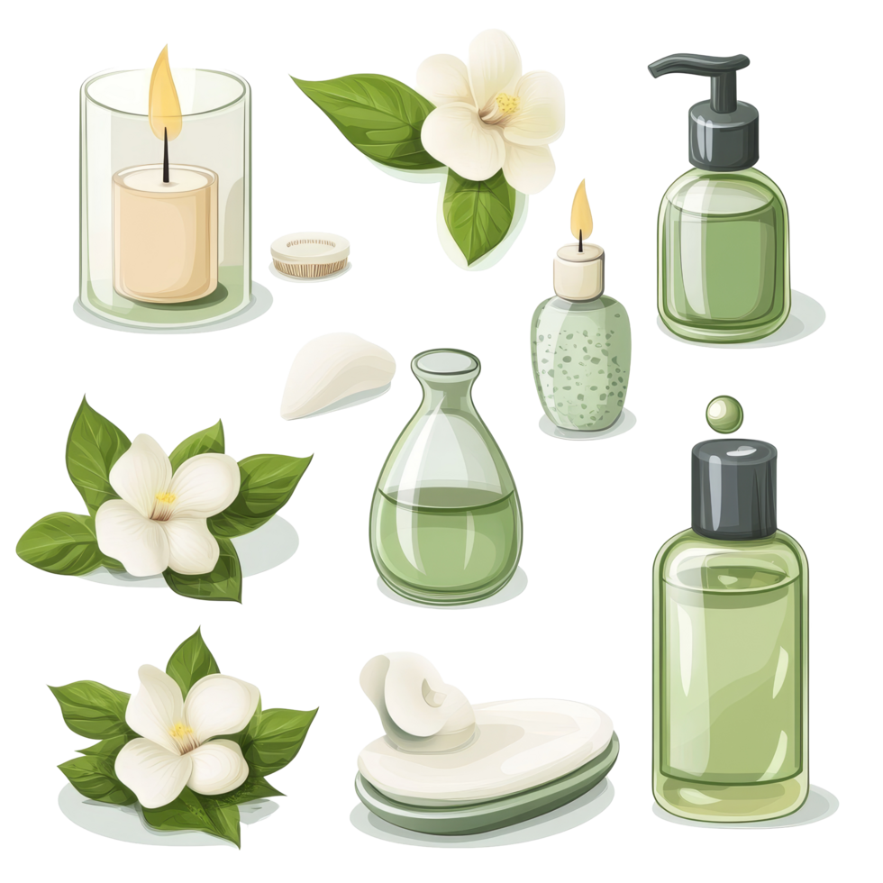 Isolated day spa elements featuring candles, oils, and flowers on a soft edaf background, day spa set, file of isolated object with shadow on transparent background png