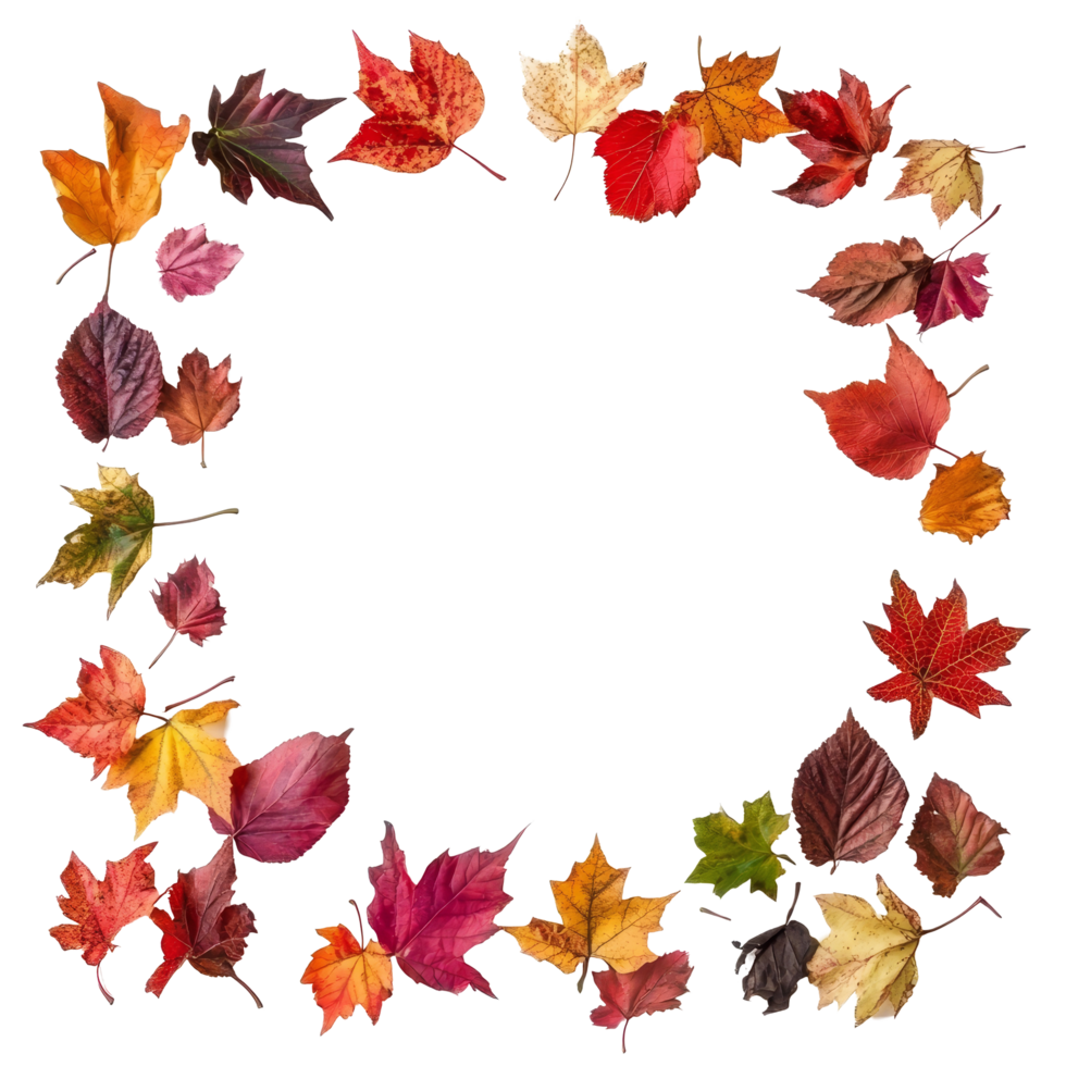 Autumn card featuring a colorful border of fall leaves showcasing natures seasonal beauty, Autumn card with a border or frame of colored falling leaves isolated transparent background png