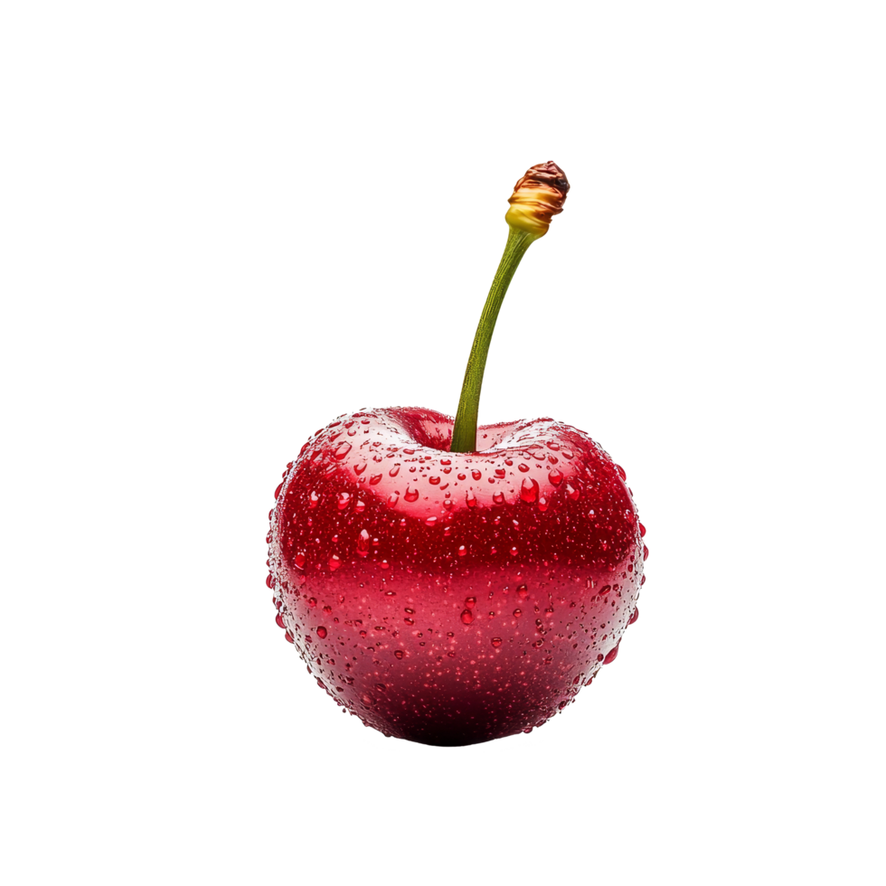 Red cherry freshly picked with water droplets on a transparent background showcasing its natural shine and detail in bright light, Cherry isolated on transparent background png