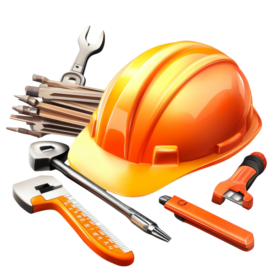 Essential construction tools and a safety helmet arranged on a work surface, highlighting preparation for a building project, Construction tools with safety helmet Stock Illustration png