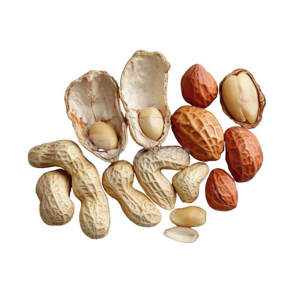 A colorful arrangement of peeled, unpeeled, and opened shell peanuts on a light surface, Group of peeled, unpeeled and opened shell peanuts png