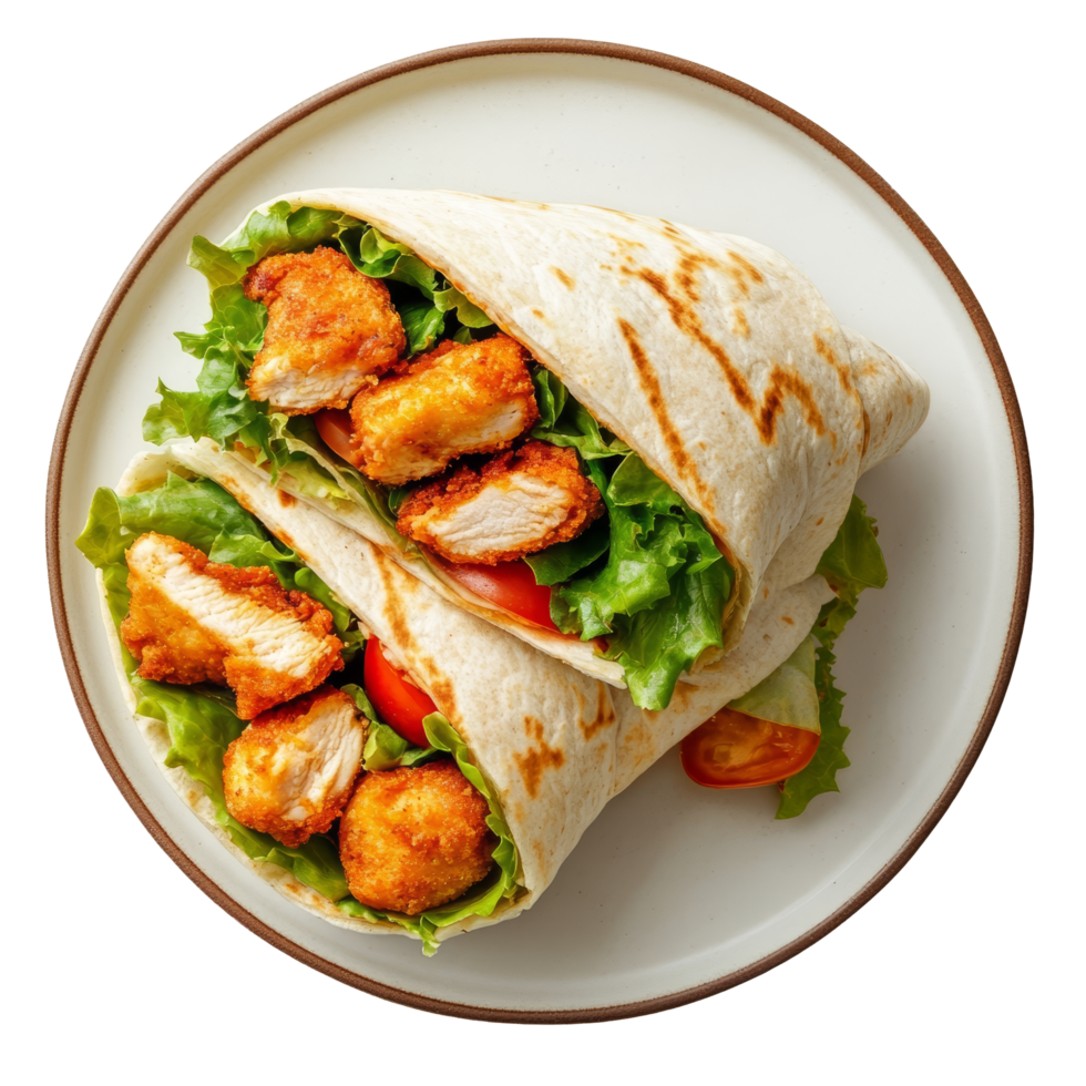 Crispy chicken wrap filled with fresh lettuce and tomatoes served on a round plate against a transparent background, Crispy Chicken Wrap on Plate transparent background png