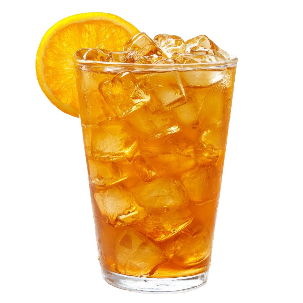 Chilled orange iced tea served in a clear glass with ice on a bright transparent background for summer refreshment, orange iced tea cup on transparent backgroundfile png