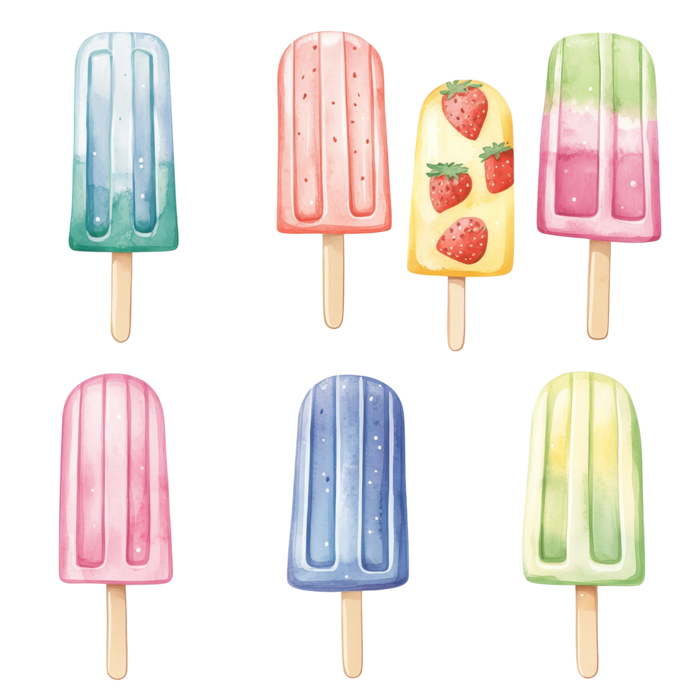Colorful watercolor popsicles collection featuring various flavors and designs for summerthemed projects, Heart Illustration Delicate and Expressive, Perfect for Artistic Decor. png