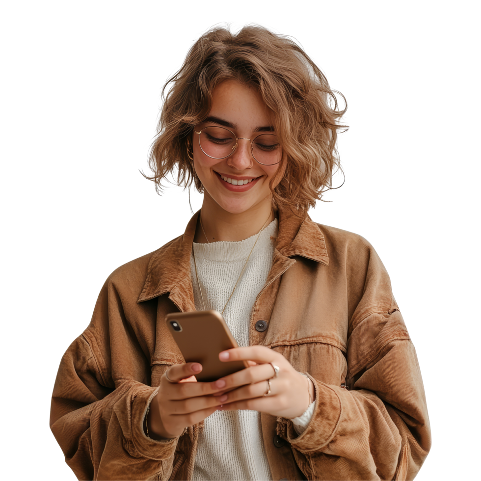 Young woman happily chatting on her smartphone while standing indoors during daylight hours, Young woman chatting with her smartphone file no background png