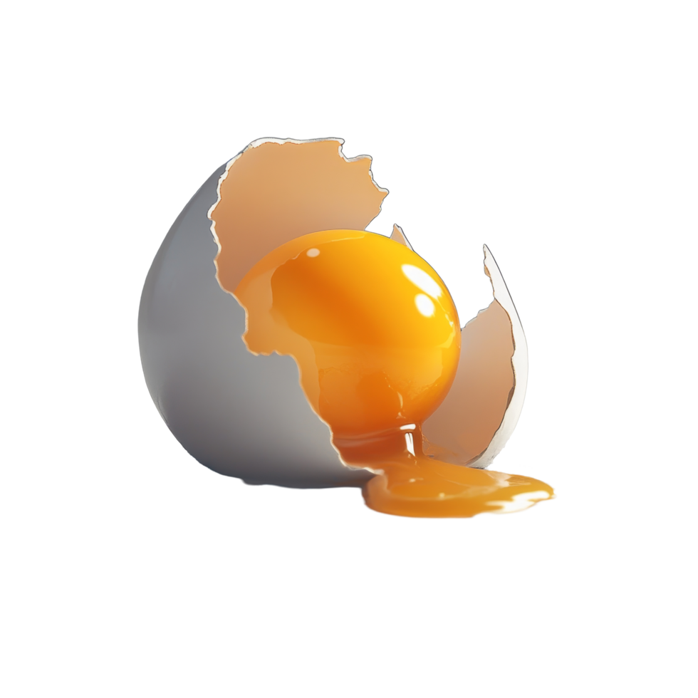 A cracked egg shell releasing bright yolk and transparent onto a smooth surface in a welllit kitchen, Egg yolk and transparent dropping out of cracked shell png