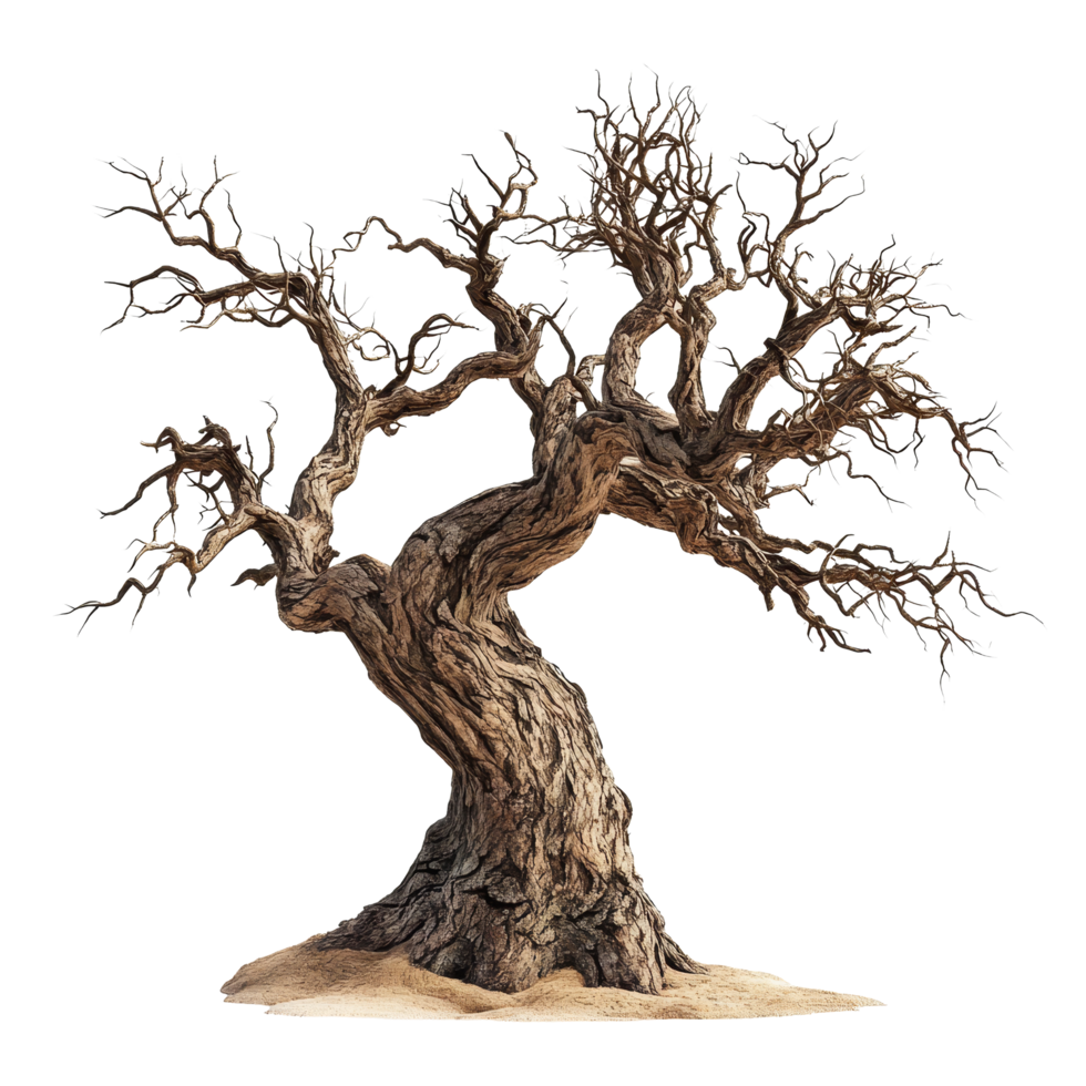 Ancient twisted tree with exposed roots isolated on a transparent background showcasing natures resilience and beauty, Old tree isolated on transparent background png