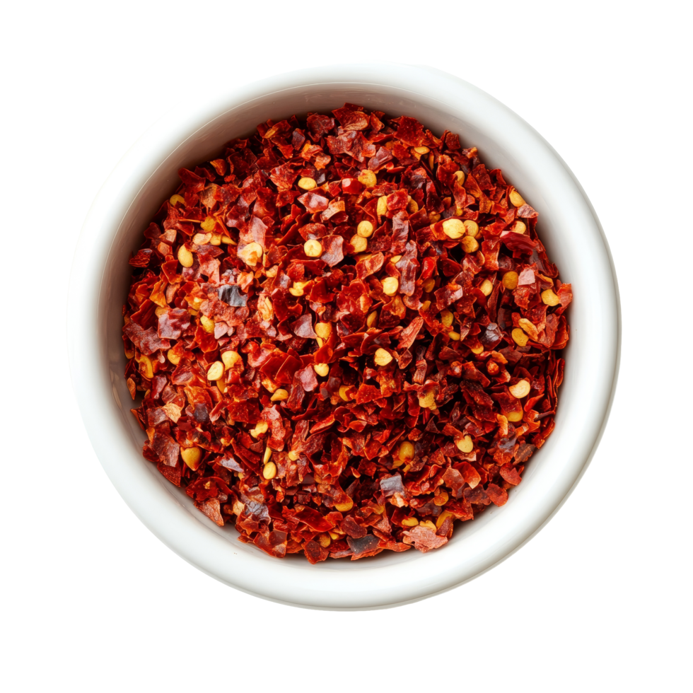 Crushed red chili pepper in a transparent bowl on a clean transparent background perfect for culinary use in various dishes, Crushed red chili pepper in transparent bowl on transparent background png