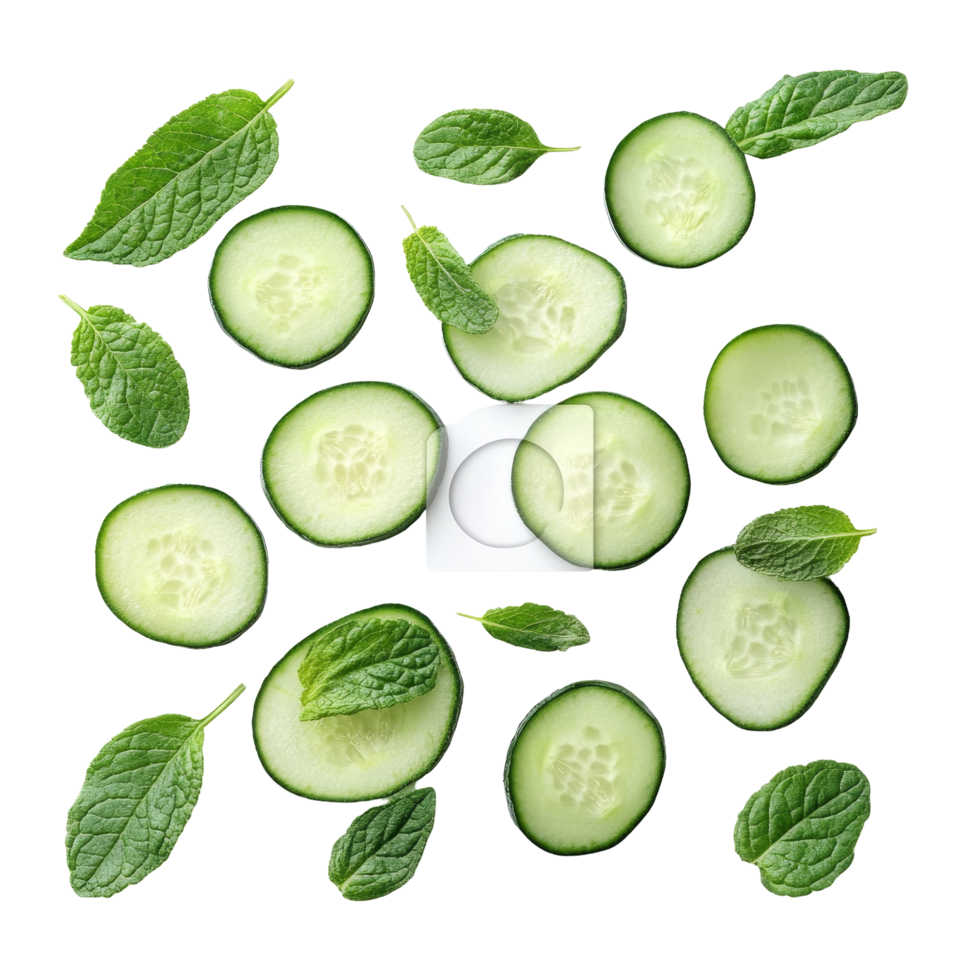Fresh cucumber slices arranged with mint leaves isolated on a clean transparent background enhancing culinary and aesthetic appeal, cucumber slices with leaf isolated on transparent background png