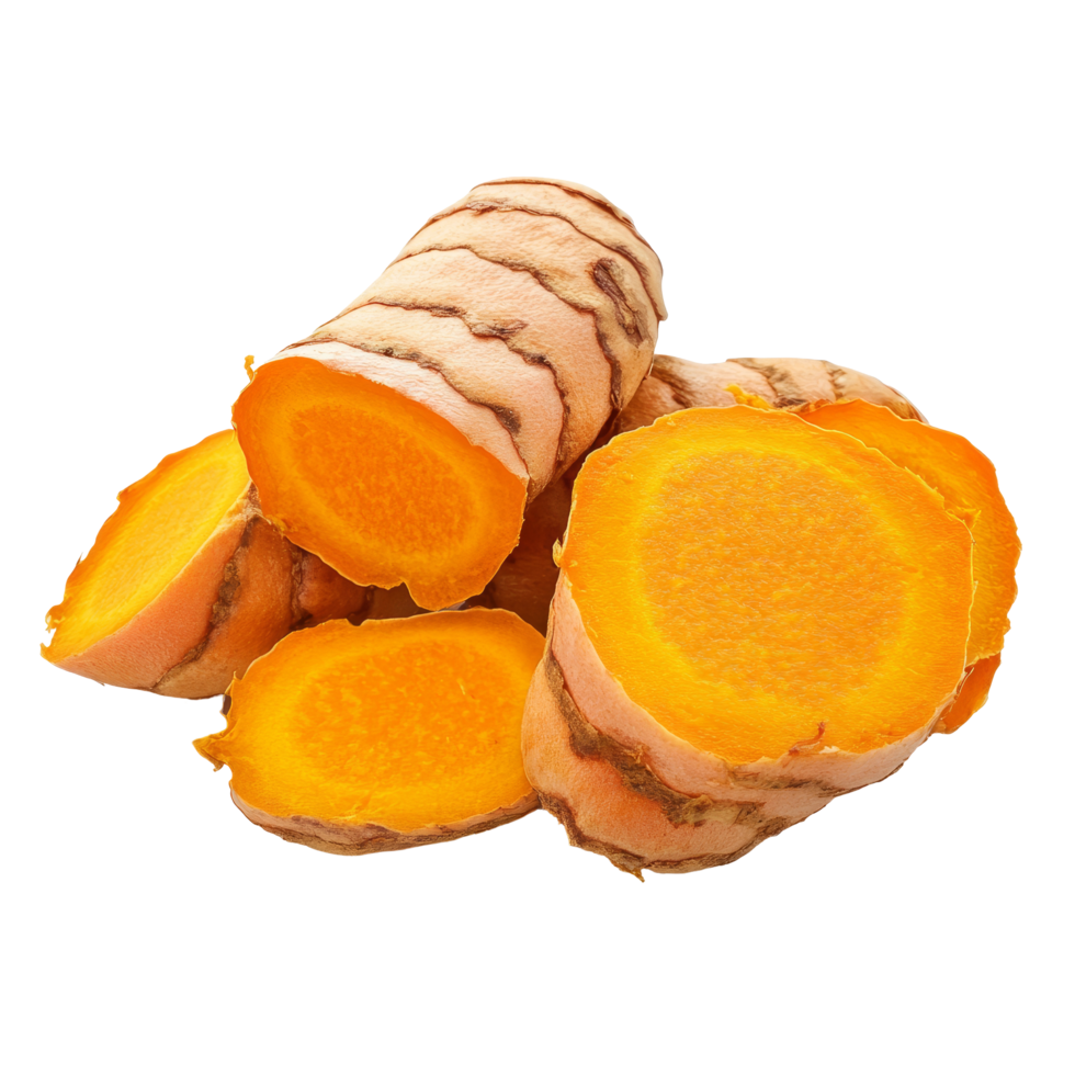 Slices of fresh turmeric root isolated on a transparent background showcasing vibrant orange flesh and textured skin, slice turmeric isolated on transparent background png