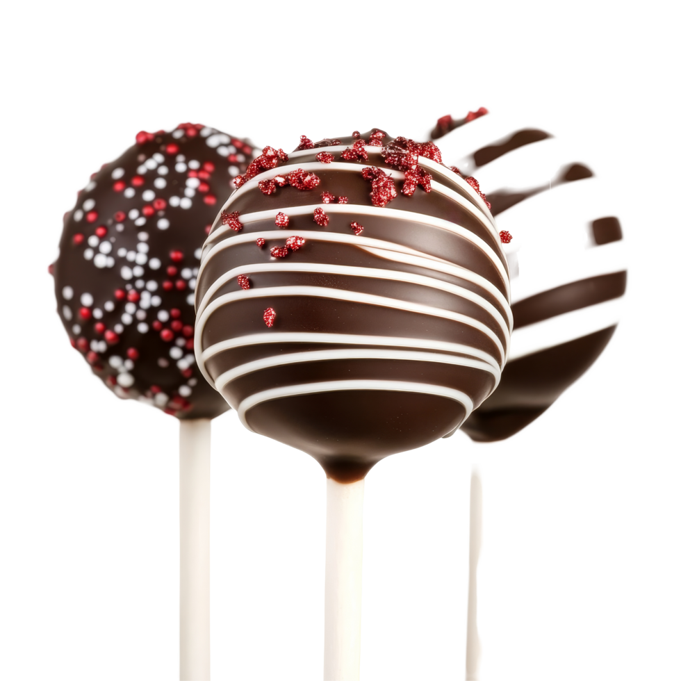 Delicious Christmas chocolate lollipops decorated with festive sprinkles and stripes on a transparent background, Christmas chocolate lolipops isolated on transparent background png