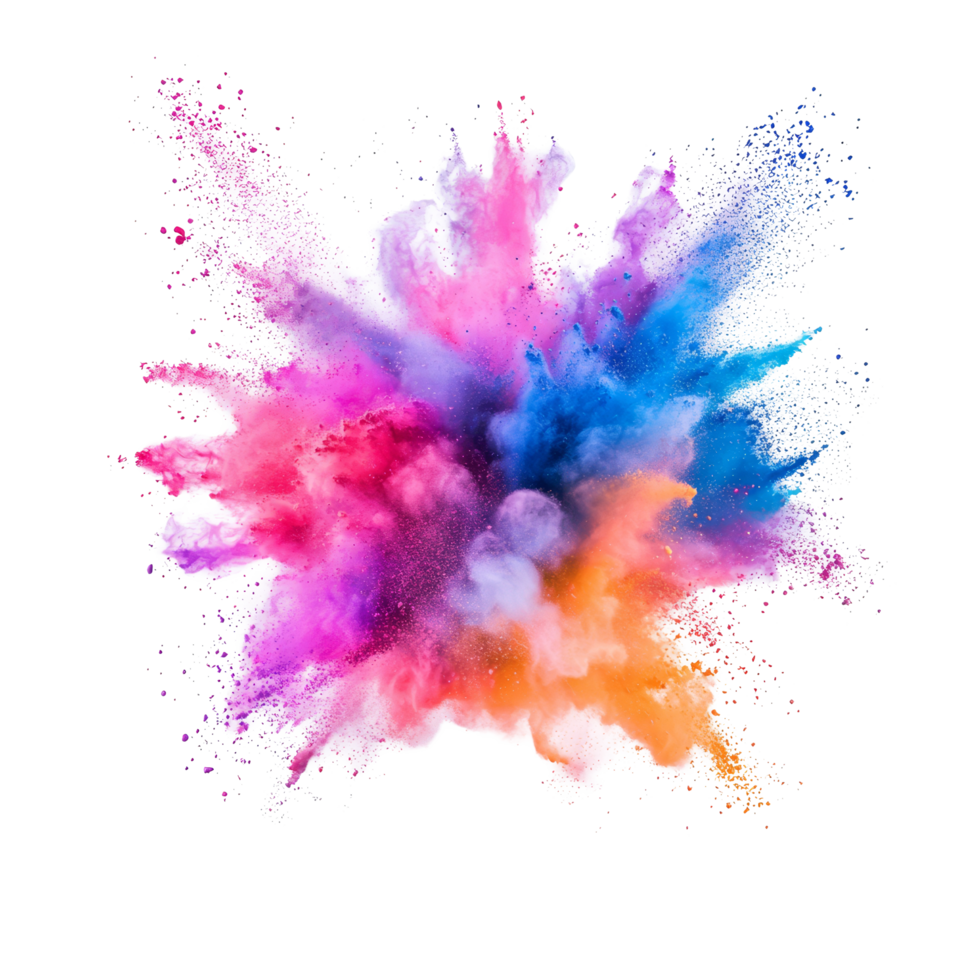 A vibrant explosion of colorful powder on a transparent background creating a vivid, artistic display of hues in midair, colorful powder explosion isolated on transparent background png