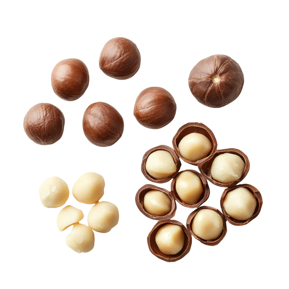 Shelled and unshelled macadamia nuts arranged on a clean transparent background for culinary and nutritional purposes, Shelled and unshelled macadamia nuts on transparent background png