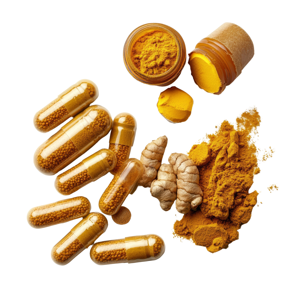 Turmeric powder, root, and capsules arranged on a bright transparent background for health benefits display, turmeric and capsules on transparent background png