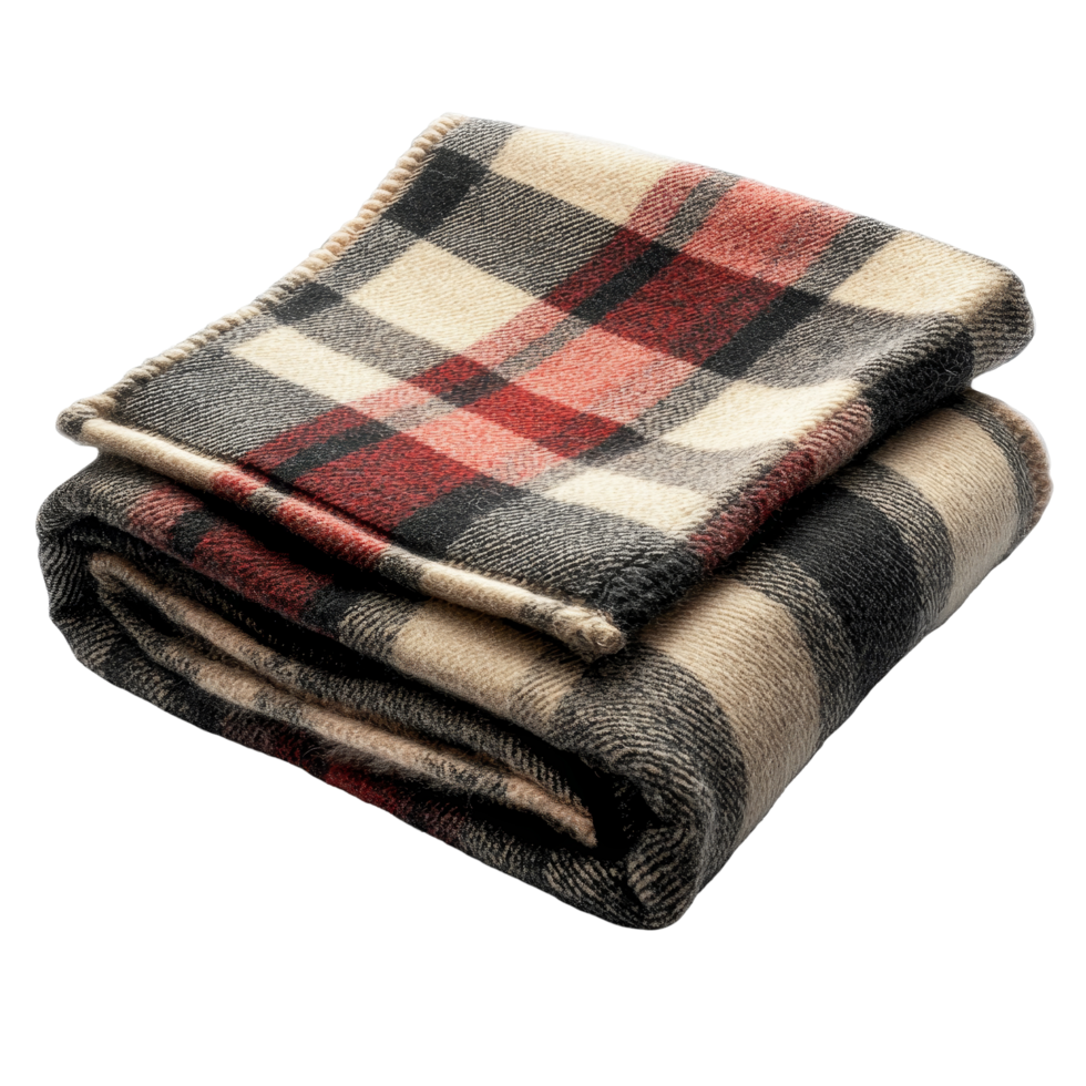 Cozy folded warm wool checkered plaid blanket perfect for chilly evenings and stylish home decor, folded warm wool checkered plaid blanket, file of isolated object with shadow on transparent png