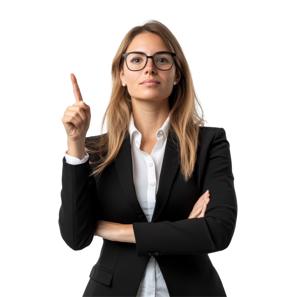 Confident businesswoman pointing upward in a sleek black suit against a clean transparent background, Confident Businesswoman Pointing Upward on transparent background png