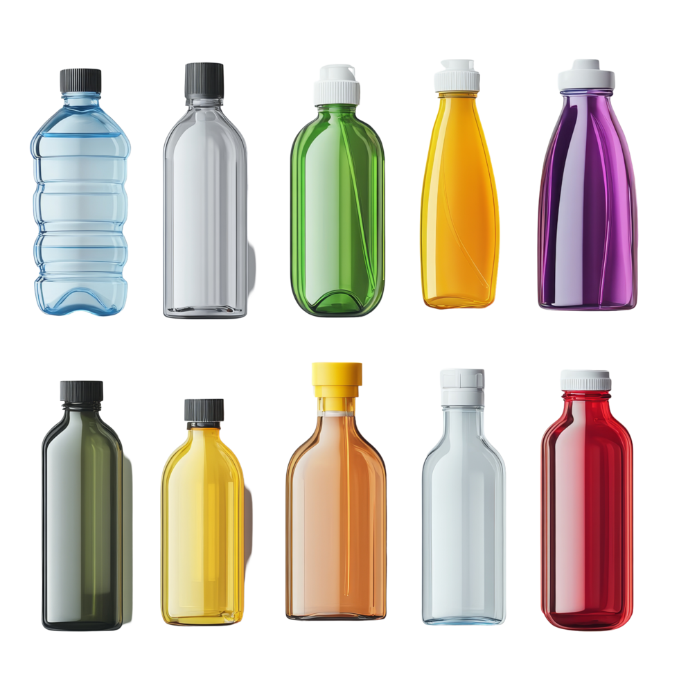 A collection of colorful liquid containers arranged on a transparent background for clean storage display, liquid clean container on transparent background png