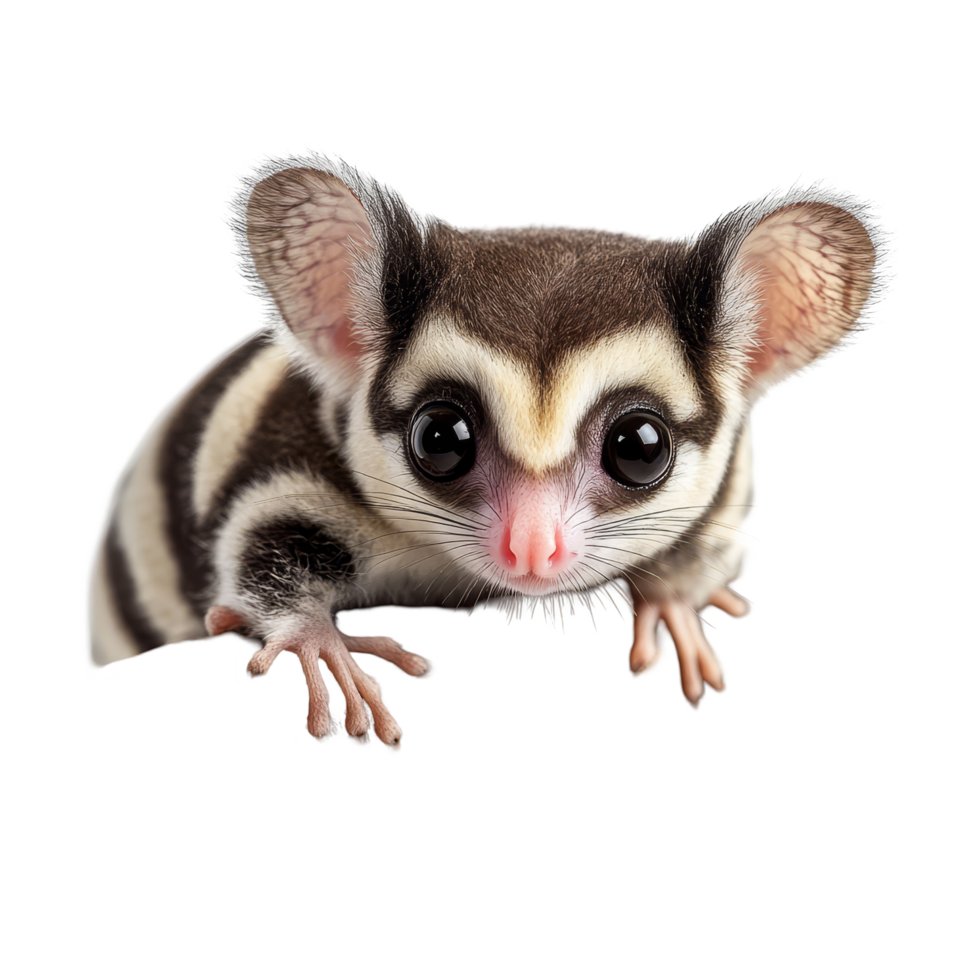 A curious sugar glider perched on a twig against a clean transparent background, displaying its charming features and stripes, Sugar Glider on transparent background png