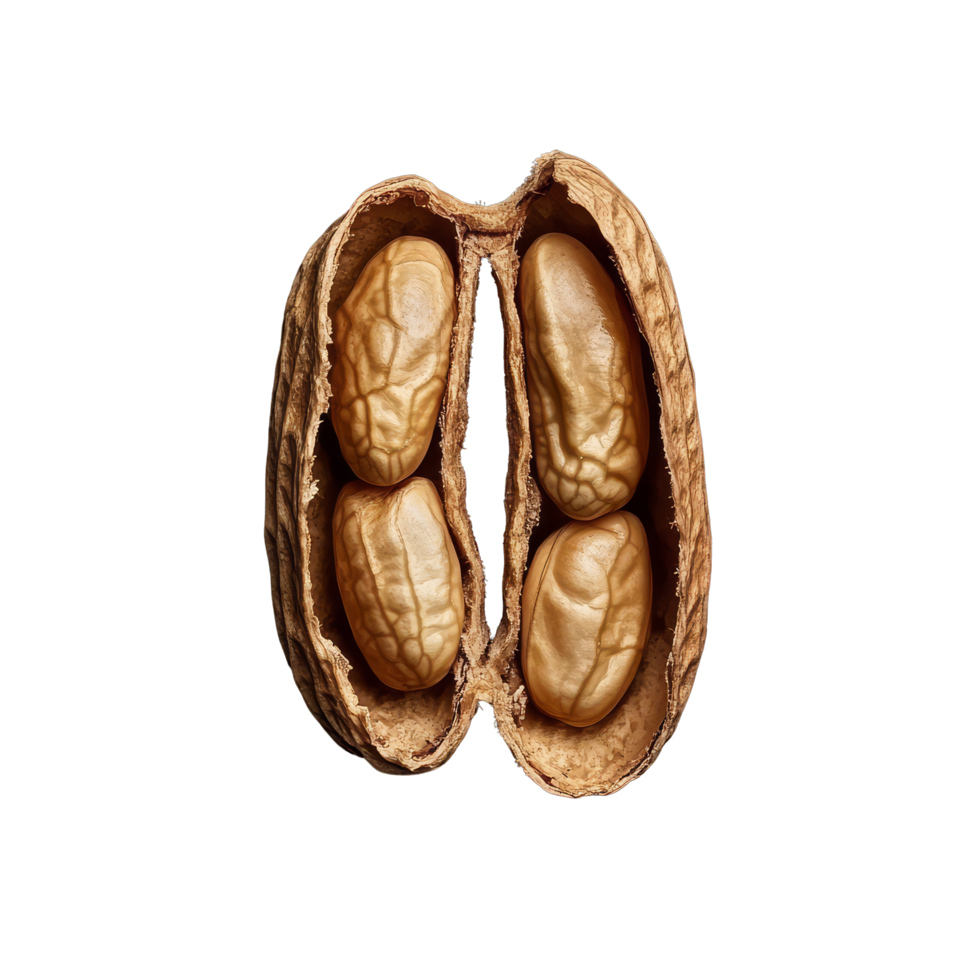 Isolated peanut with shell revealing four kernels against a dark background for food photography, Peanut isolated png
