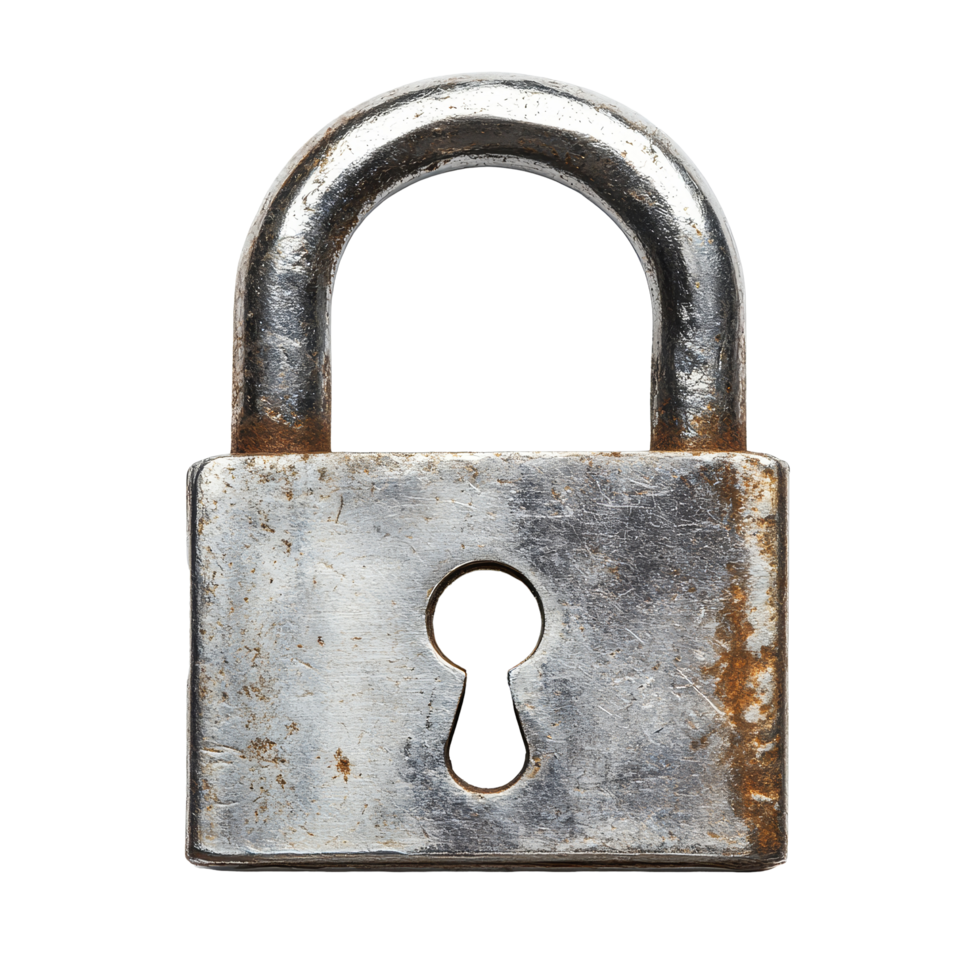 Locking mechanism detail of a metallic padlock captured from the front view against a clean background, metallic padlock with hole front view isolated on transparent background png