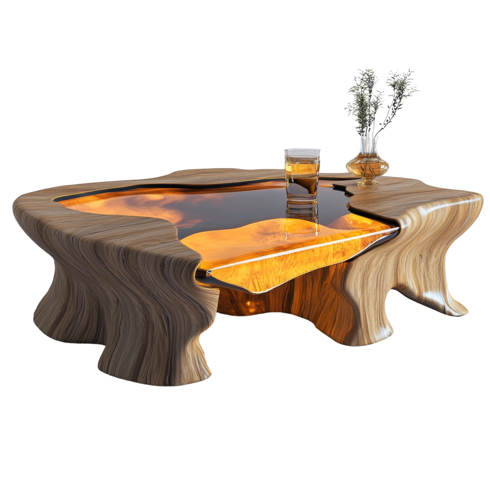 Unique coffee table featuring transparent resin and natural wood design in a modern living space, 3d Coffee Table png