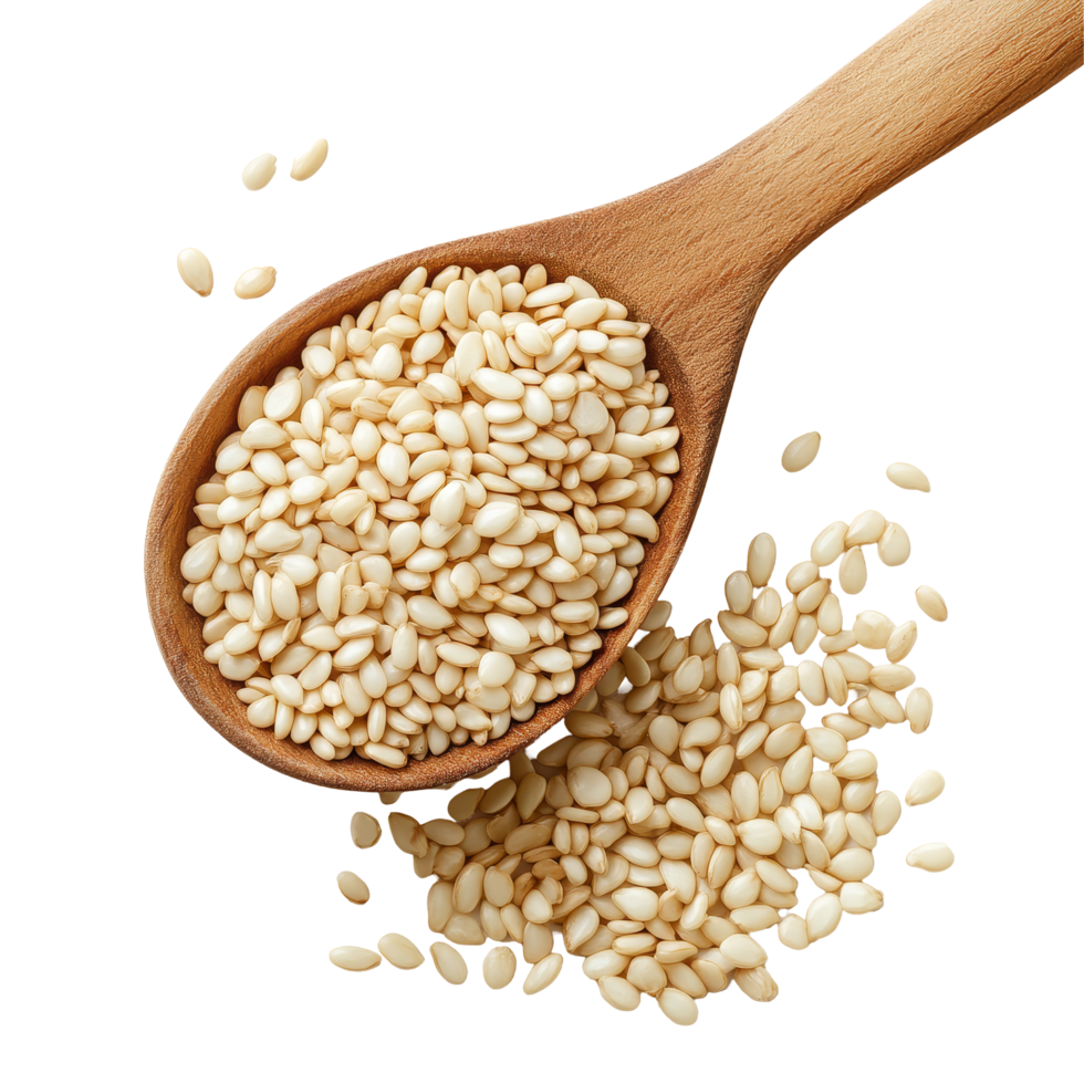A closeup of transparent sesame seeds on a wooden spoon against a clean transparent background, transparent sesame on transparent background png