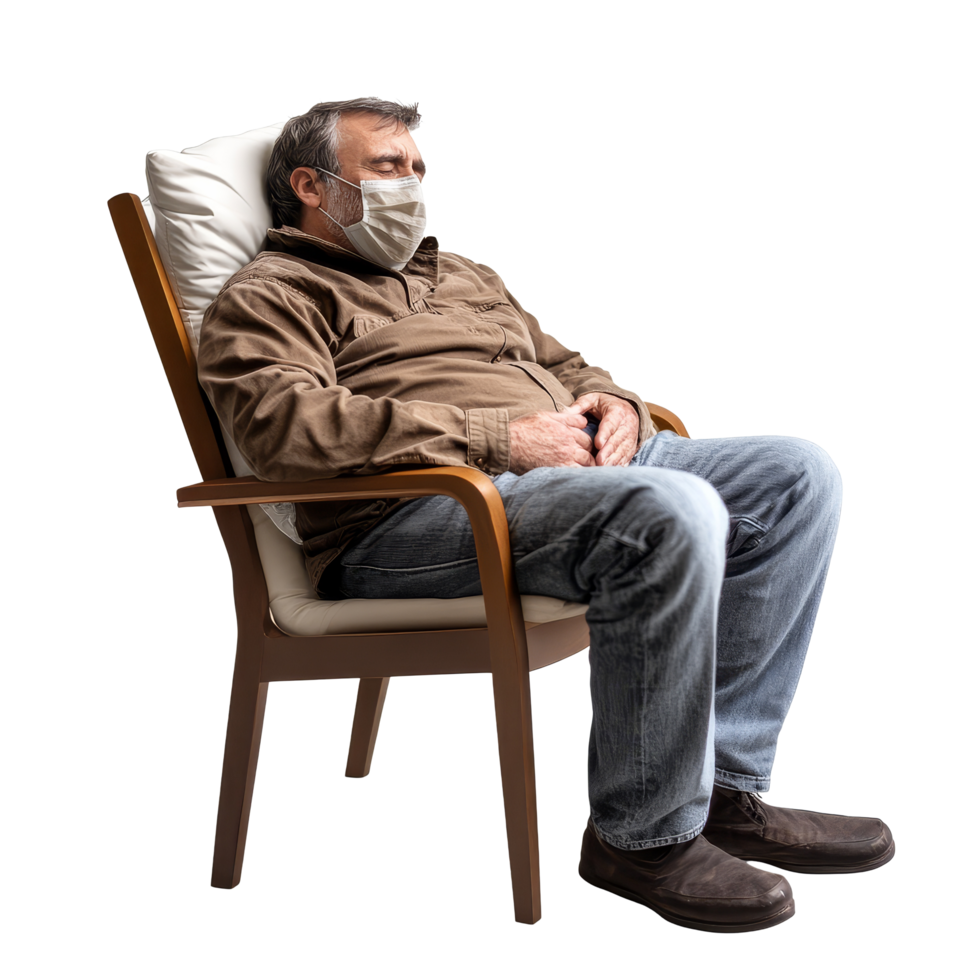 A patient wearing a mask sitting in a chair, showing symptoms of cold and flu during a health crisis, file no background Patient with cold and flu sitting on a chair png