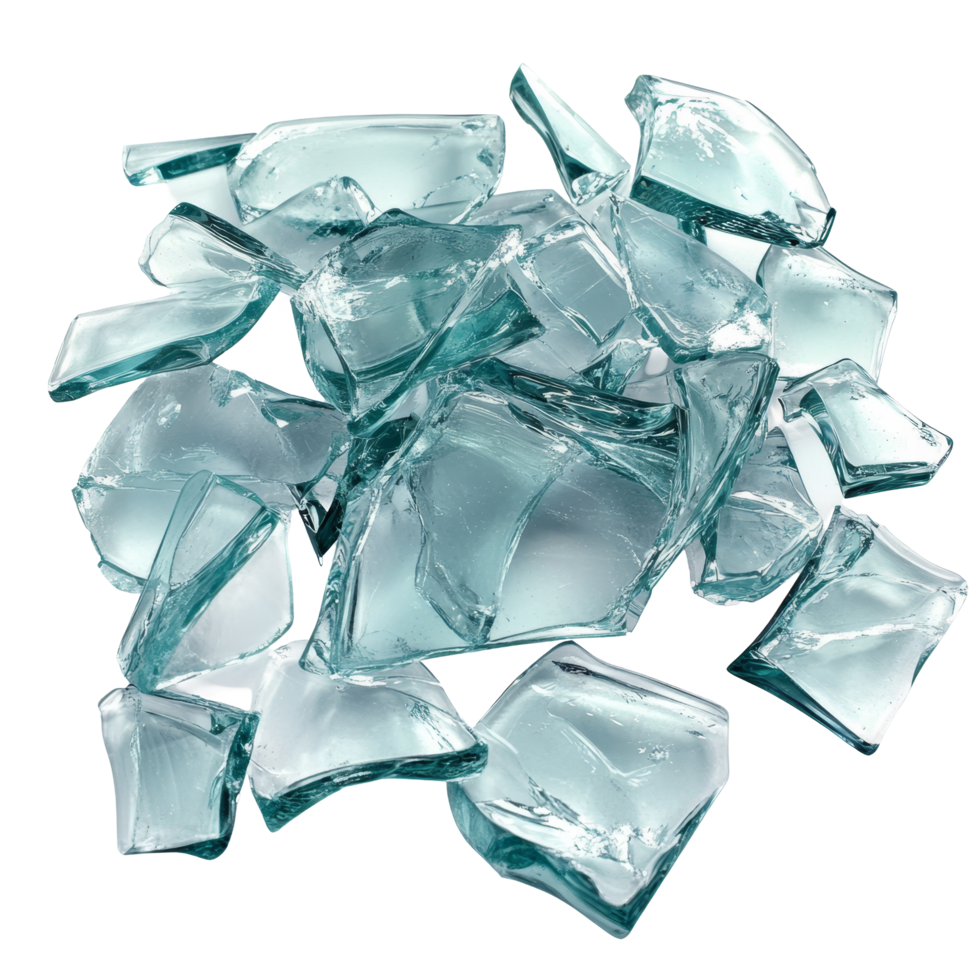 Broken glass pieces scattered on a transparent surface with a transparent hue creating an artistic display, broken glass pieces isolated on transparent background png