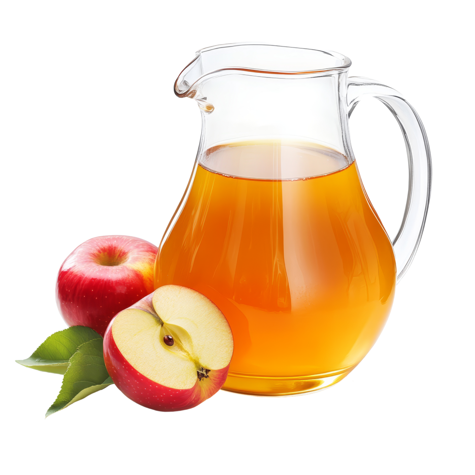 Refreshing apple juice in a clear pitcher next to fresh apples on a bright background, Apple juice in a pitcher isolated png