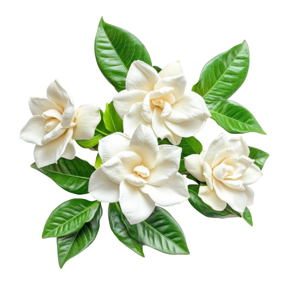 Beautiful gardenia flowers isolated on a transparent background showcasing delicate petals and vibrant green leaves, Gardenia flowers isolated on transparent background png
