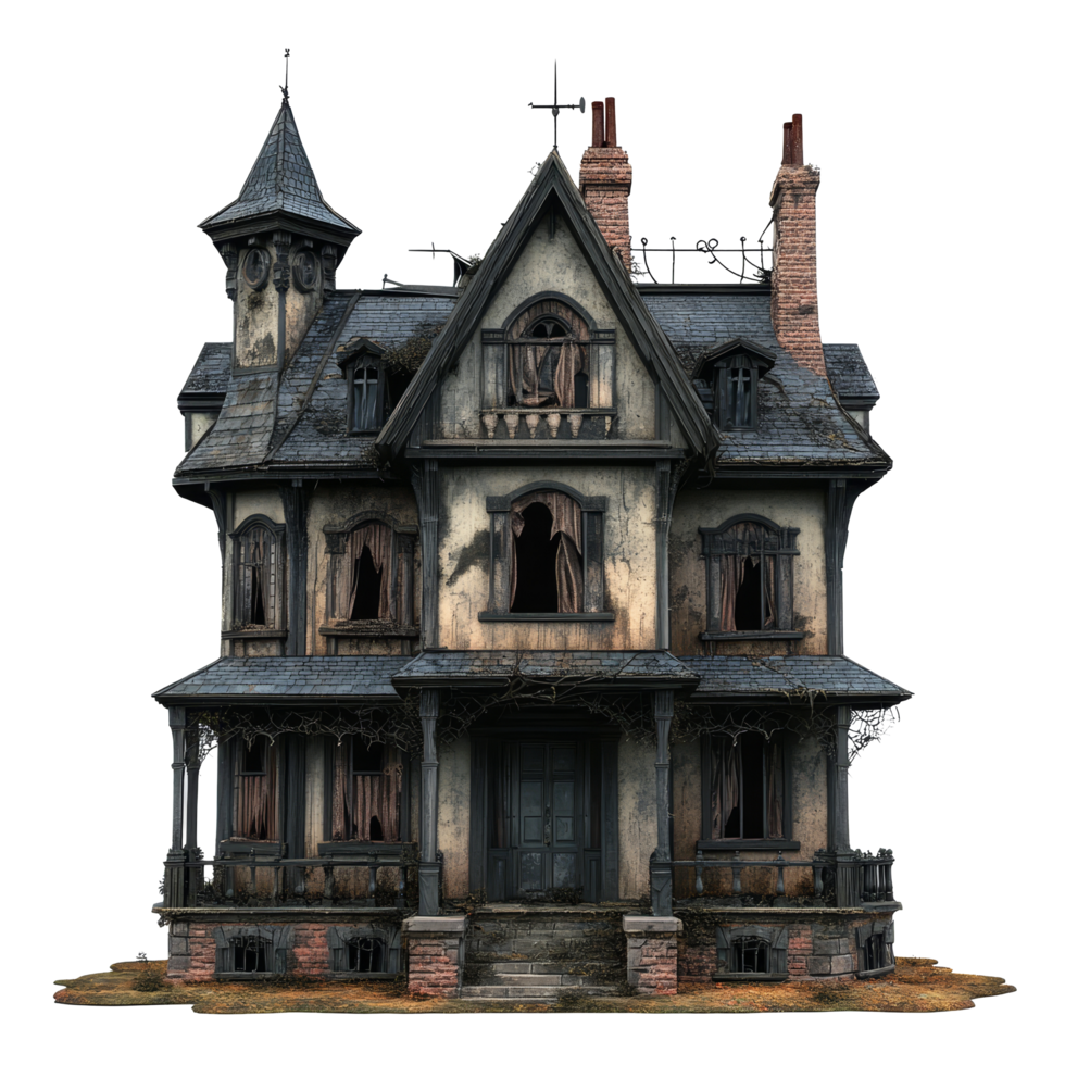 Abandoned dilapidated mansion ready for Halloween decoration in a spooky setting, abandoned dilapidated house mansion for halloween, file of isolated object on transparent background png