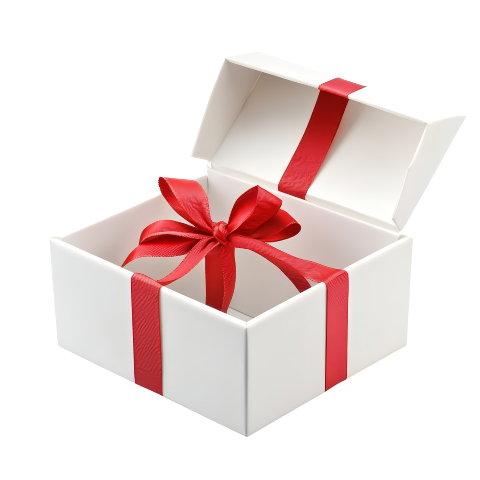 Open gift box with red ribbon isolated on transparent background for holidays, celebrations, and special occasions, Open gift box isolated on transparent png
