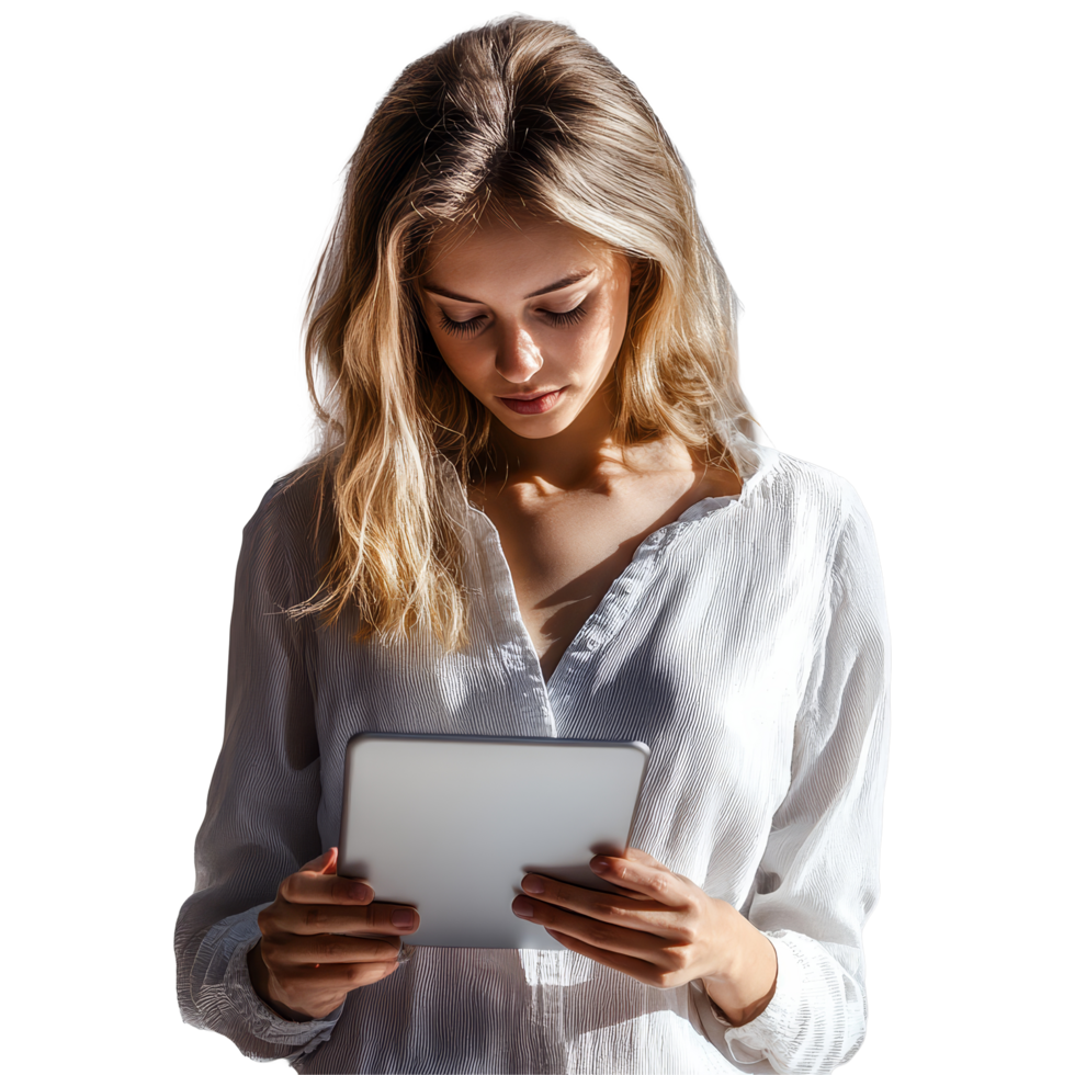 A young woman engrossed in her tablet while enjoying a quiet moment in a serene setting, attractive girl using tablet, file of isolated object with shadow on transparent background png