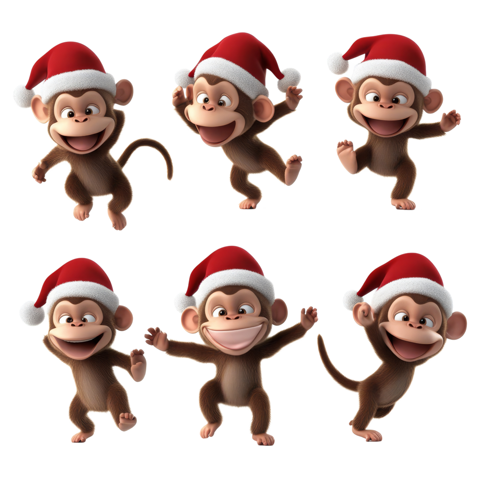 Adorable cartoon monkeys wearing Santa hats celebrating joyfully on a bright transparent background, 3D Cartoon Monkey Set in Santa Hats on transparent background png