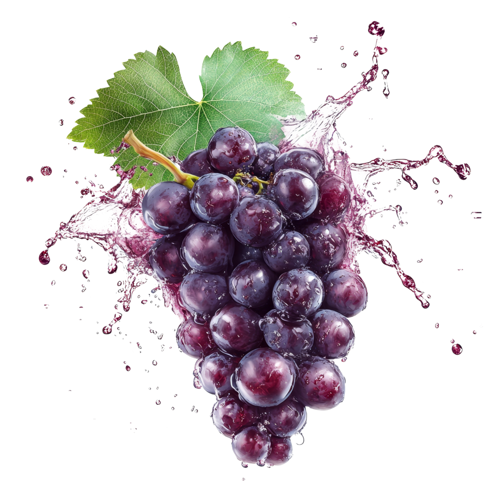 Fresh organic grapes bursting with juice on a clean transparent background, Fresh organic grape with juice splash on transparent background. grape splash transparent background png