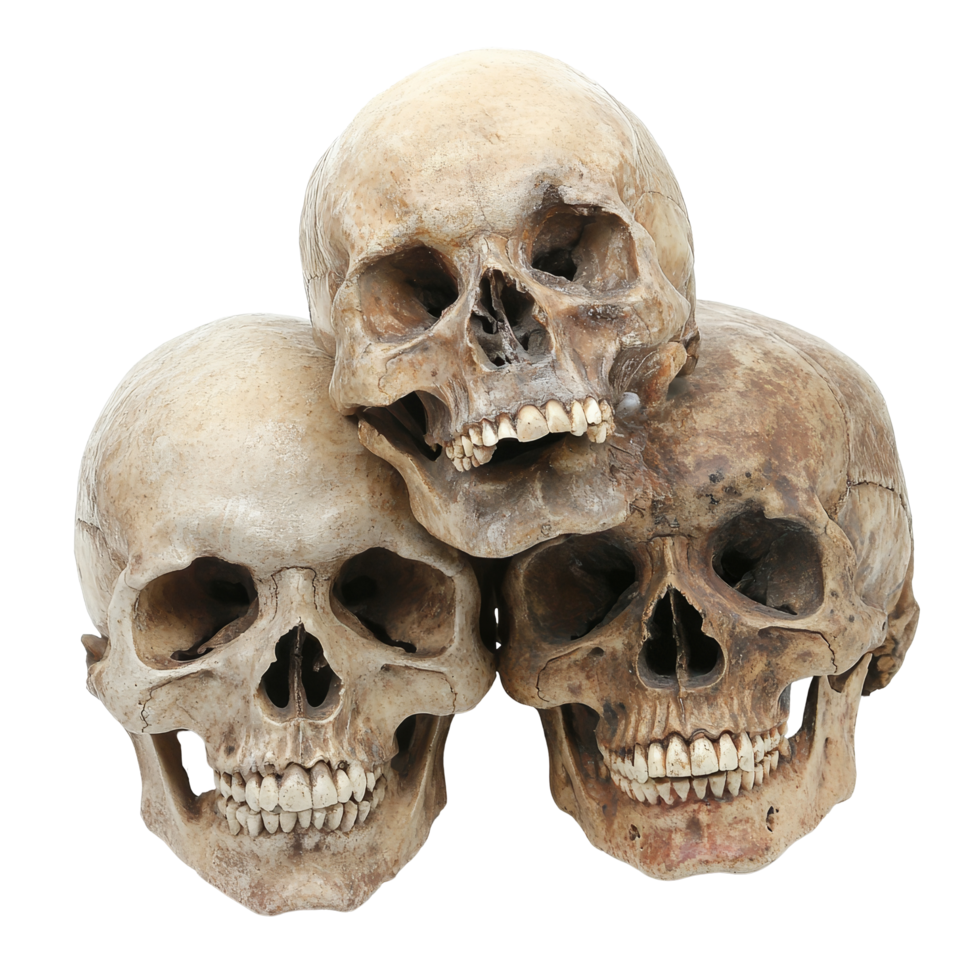 Three human skulls displayed on a transparent background, showcasing intricate details and natural age variations, Human Skulls on transparent background png