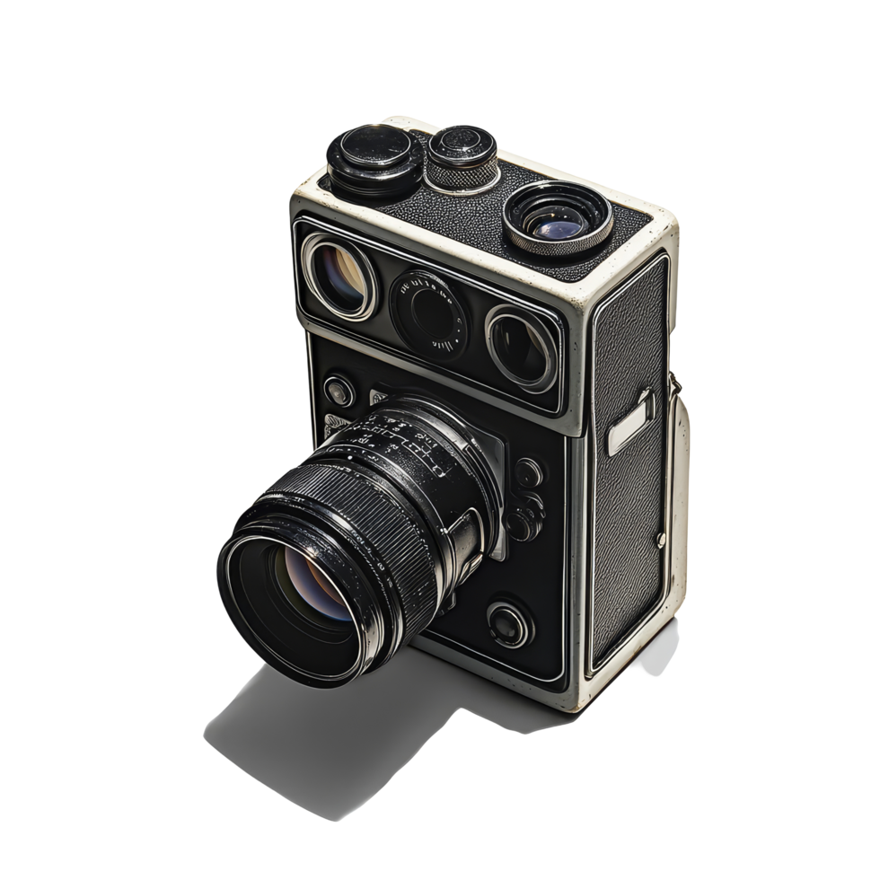 Professional film camera showcasing its isolated design against a minimalist background with stark lighting, professional film camera, file of isolated object with shadow on transparent background png
