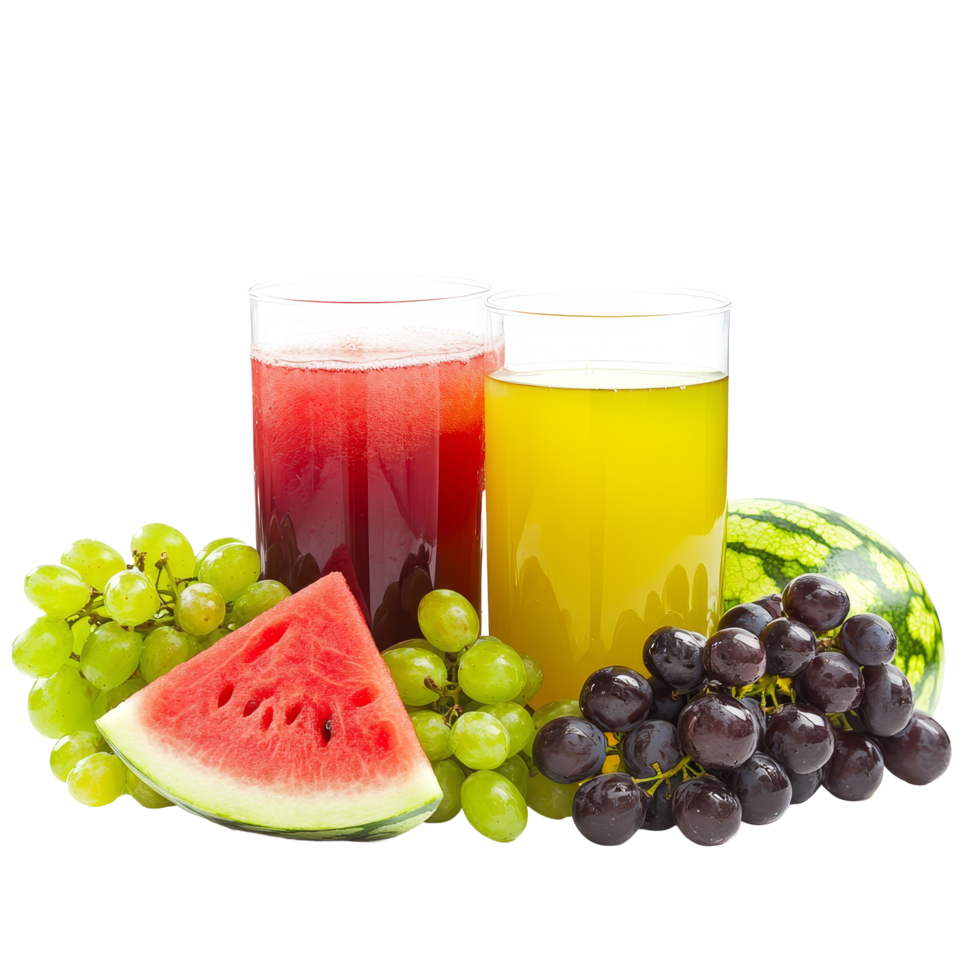 Refreshing watermelon and grape juices arranged with fresh fruits on a clean transparent background, Watermelon and grapes juices on isolated transparent background png