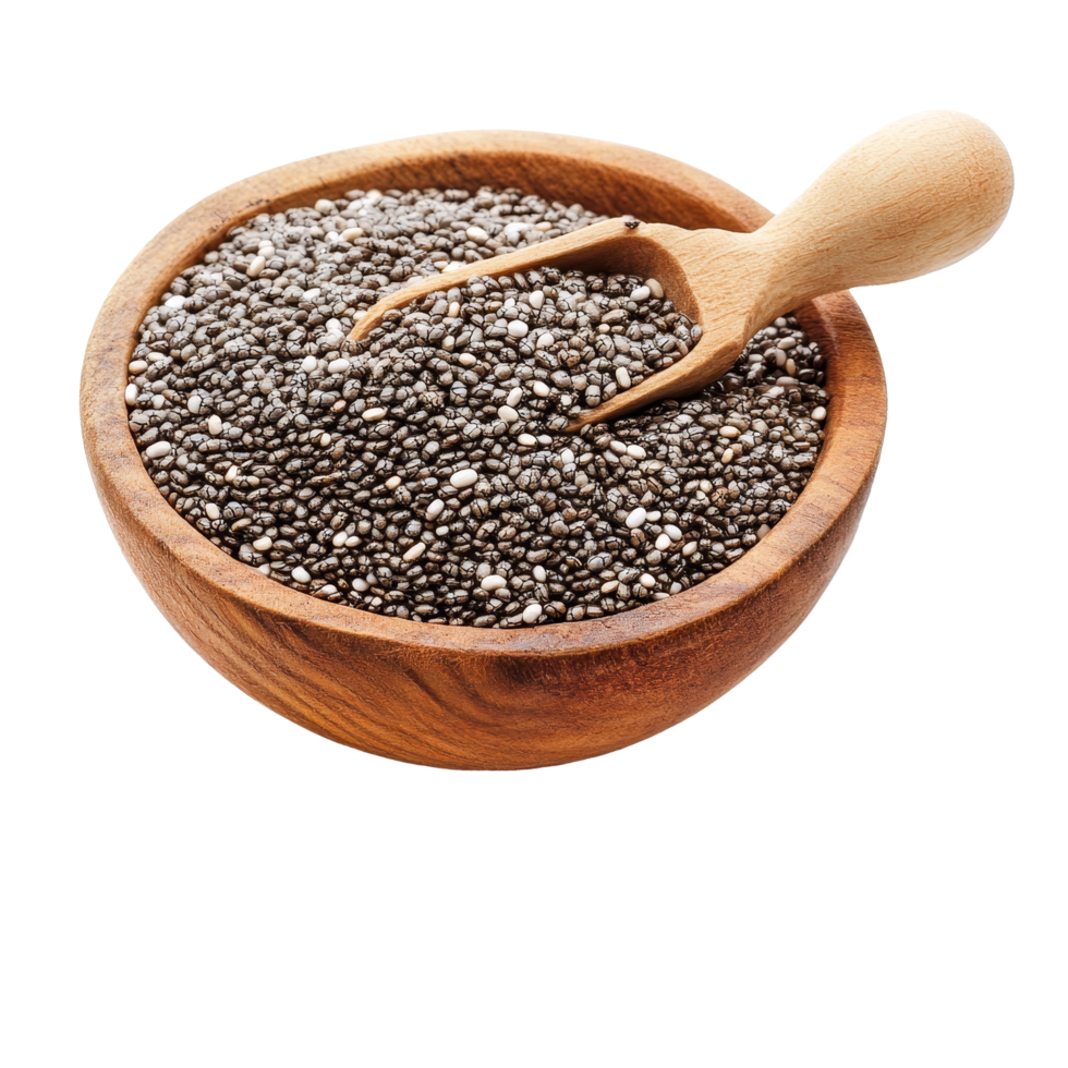 Chia seeds in a wooden bowl on a transparent background with a small scoop for easy serving and measurement, Chia seeds isolated with transparent background png