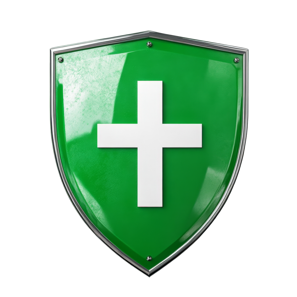 A green shield with a transparent cross icon symbolizing protection and health in a modern design, green shield with transparent cross icon 3d isolated on transparent background png