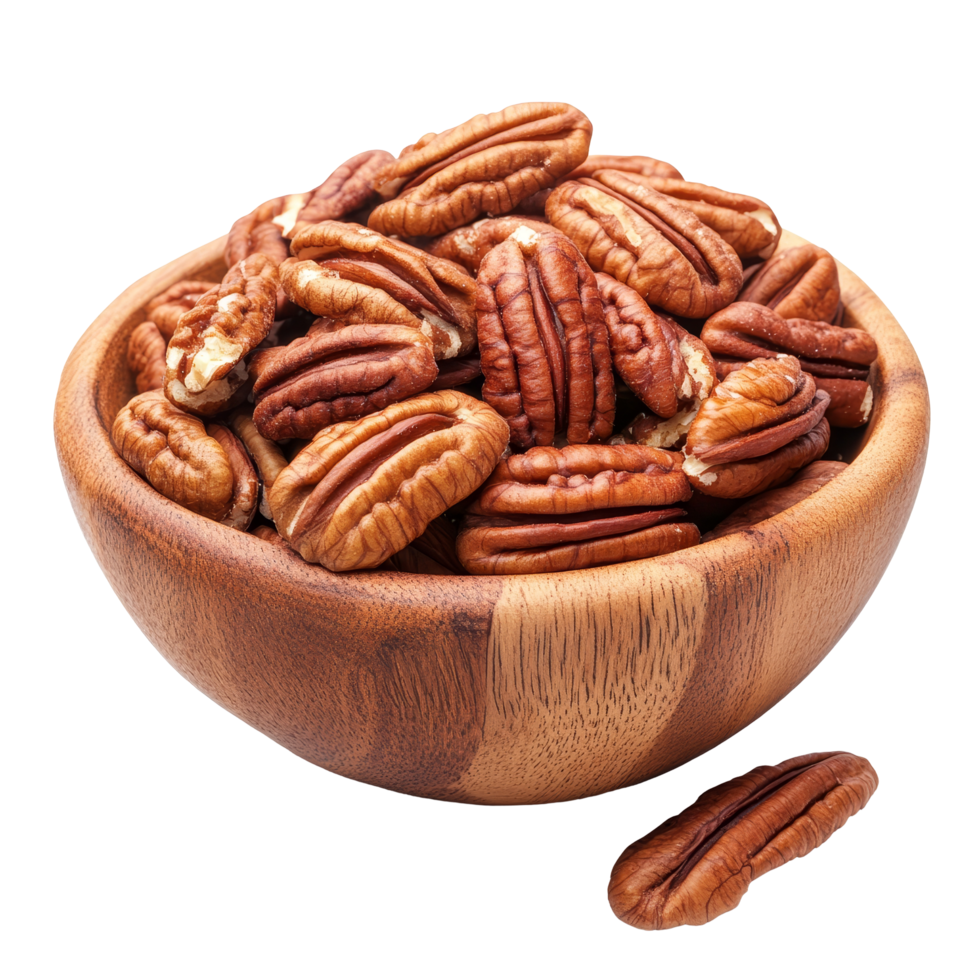 Freshly harvested pecans in a rustic wood bowl on a clean transparent background showcasing their natural texture and color, Pecans in wood bowl isolated on transparent background png