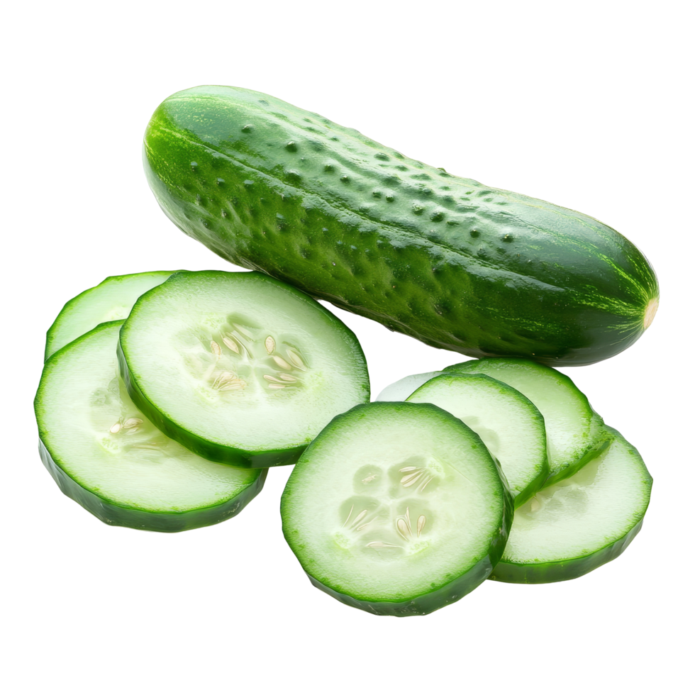 Fresh cucumber and slices placed on a clean transparent background for a vibrant and healthy food presentation, Cucumber and slices isolated transparent background png