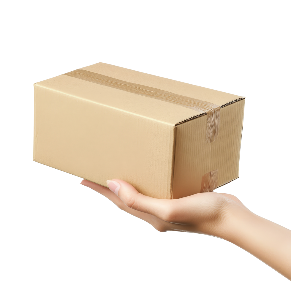 A person hands over a cardboard box in a neutral background, showcasing a simple delivery activity, Hand holding cardboard box, giving carton package isolated on transparent png